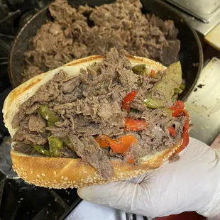Pepper steak on toasted roll