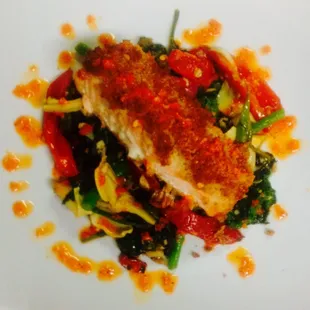 Panko crusted salmon with roasted red pepper drizzle!