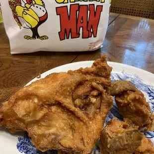 Incredible crunch with a moist breast and wing inside.
