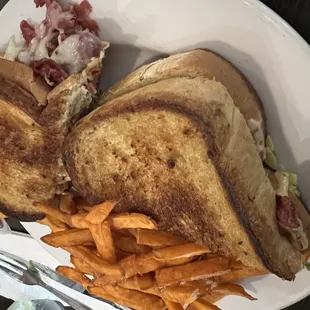 Reuben with sweet potato fries