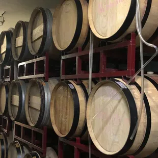 Red wine barrels at the wine tasting room.