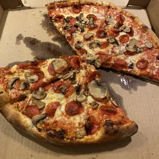 Large pepperoni and mushroom pizza.