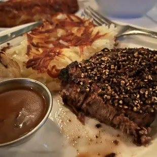 steak, potatoes, and gravy