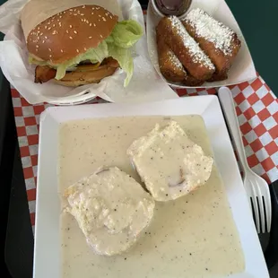 Bacon cheese burger, half order biscuit and gravy, French toast sticks