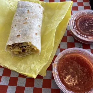Breakfast burrito with egg and bacon. Delicious!
