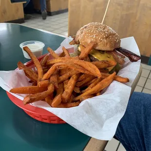 Giant burger with sweet potato fries
