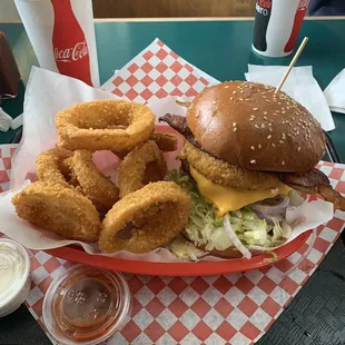 Western burger with delicious onion rings