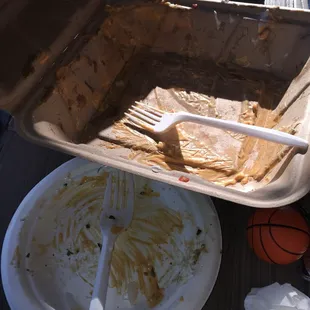 a dirty pan of food and a fork