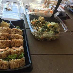 Sushi and broccoli salad from the salad bar.