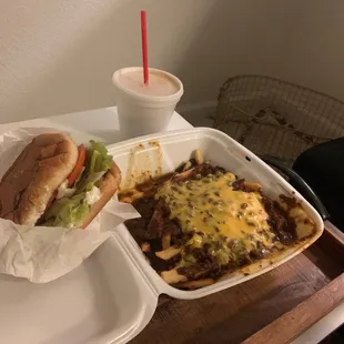 Chili cheese fries, coffee milkshake and bacon cheeseburger with added jalapeños, DELICIOUS