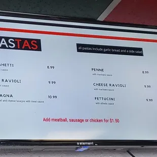 a menu on a large screen