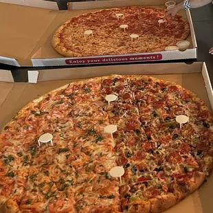 Top: 31" pizza (half pepperoni/half cheese) Bottom: 31" pizza (half works/half margherita)