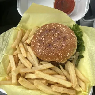 Cheeseburger with fries. Hawaiian style cheeseburger