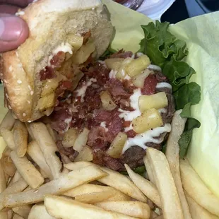 Bacon and pineapple in the burger was very tasty. 10/10 burger. Only comment is that the fries could definitely be crispier.