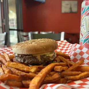 a hamburger and fries