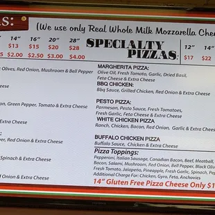 a menu for pizzas