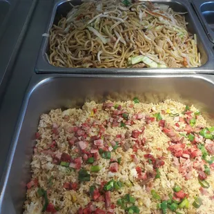 Fresh batch of fried rice and chow mein.