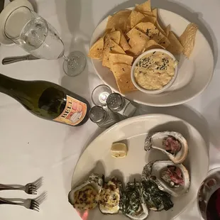 Oysters Trio -4 Giardina , 4 Rockefeller  , Bienville Artichoke dip with corn tortilla chips