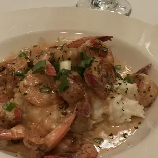 This is the shrimp with Cajun sauce over a bed of mashed potatoes. We created this special meal. Highly recommended. Awesome sous chef.