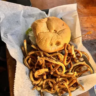 Umami Burger and seasoned curly fries