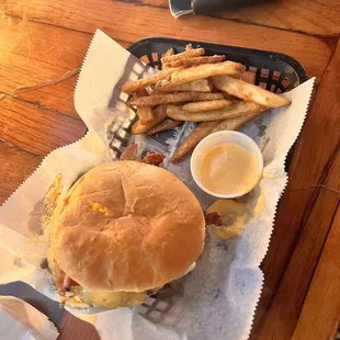 Bacon cheese burger and beer battered fries
