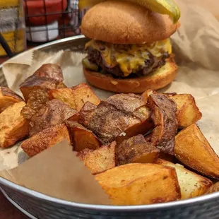 Cheeseburger and fries (potato wedges, actually)