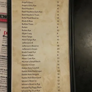 Bourbon menu 12/7/24