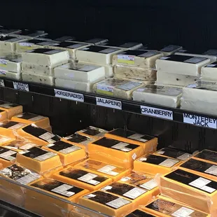 a display of cheeses