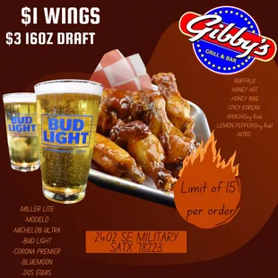 $1 wings and $3 pints every Monday!