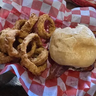 Mushroom Swiss burger and onion rings
