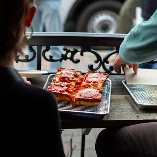 Pizza on the outdoor patio  Pepperoni pizza