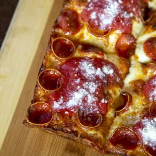 From The D Pizza Pepperoni, marinara, parmesan  Double pepperoni Pepperoni pizza Detroit style pizza