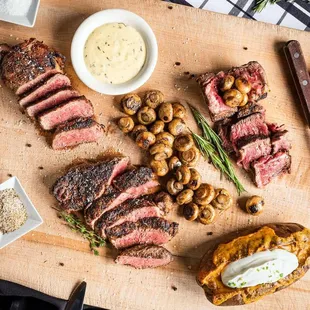 New York Strip Steak, Ribeye, and a Bone-In Filet.