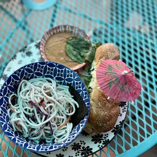 A weekend special: Banh Mi, sesame ginger noodles and gazpacho. Just perfect on a 100 degree evening.