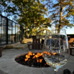 Gideon Riesling and fire pit outside on the back.