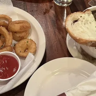 Onion rings and French onion soup