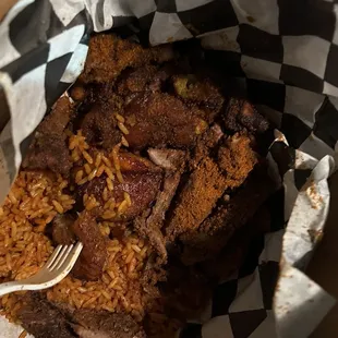 Beef Suya, plantain and jallof rice