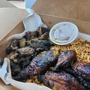 rice, plantain &amp; grilled beef.THE BEEF was all they had. The BEEF WAS chewy, Room temperature. Inedible. I gave it 2 my neighbor pit dogs.