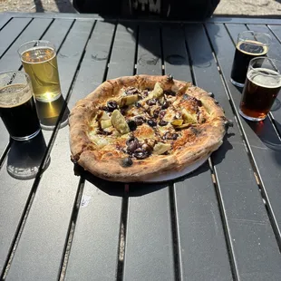 Helles, stout, coffee stout, dopplebock, and Brick Oven Bus pizza