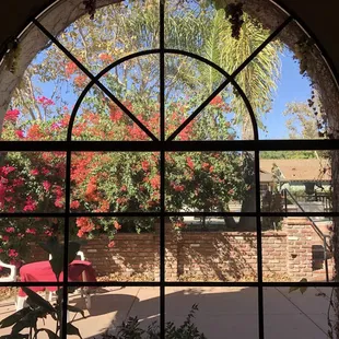 a view of a patio through a window