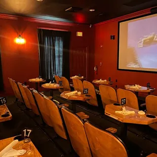 a movie theater with a projector screen