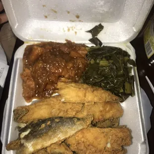 Fried whiting, yams and collard greens, yum!