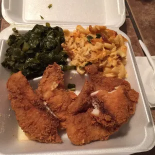 Fried tilapia, Mac n cheese, an greens!