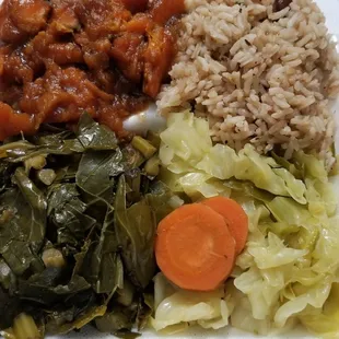 Medium Veggie platter (yams, cabbage, collard greens, rice and beans)