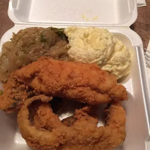 Fried whiting potato salad and cabbage