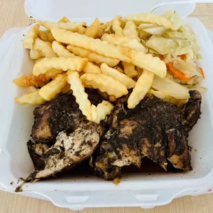 Jerk chicken with two sides (fries &amp; cabbage)