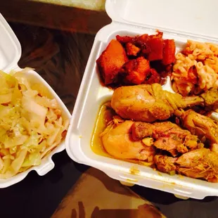 Curry chicken, yams, mac &amp; cheese and cabbage