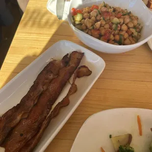 Side of bacon and the deli salad (this week, it was a chickpea-cucumber salad).