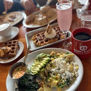 ABC Scramble, Linda's lemon liege (waffle), shrimp n grits and Kyle Style biscuits &amp; gravy