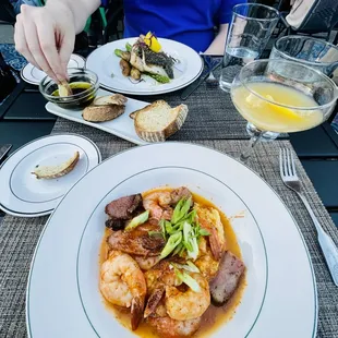 Shrimp and grits, sea bass and bread appetizer - all highly recommend!